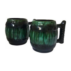 Set of 2 Blue Mountain Pottery Barrel Mugs Green Black Drip Glaze Mugs Teacups